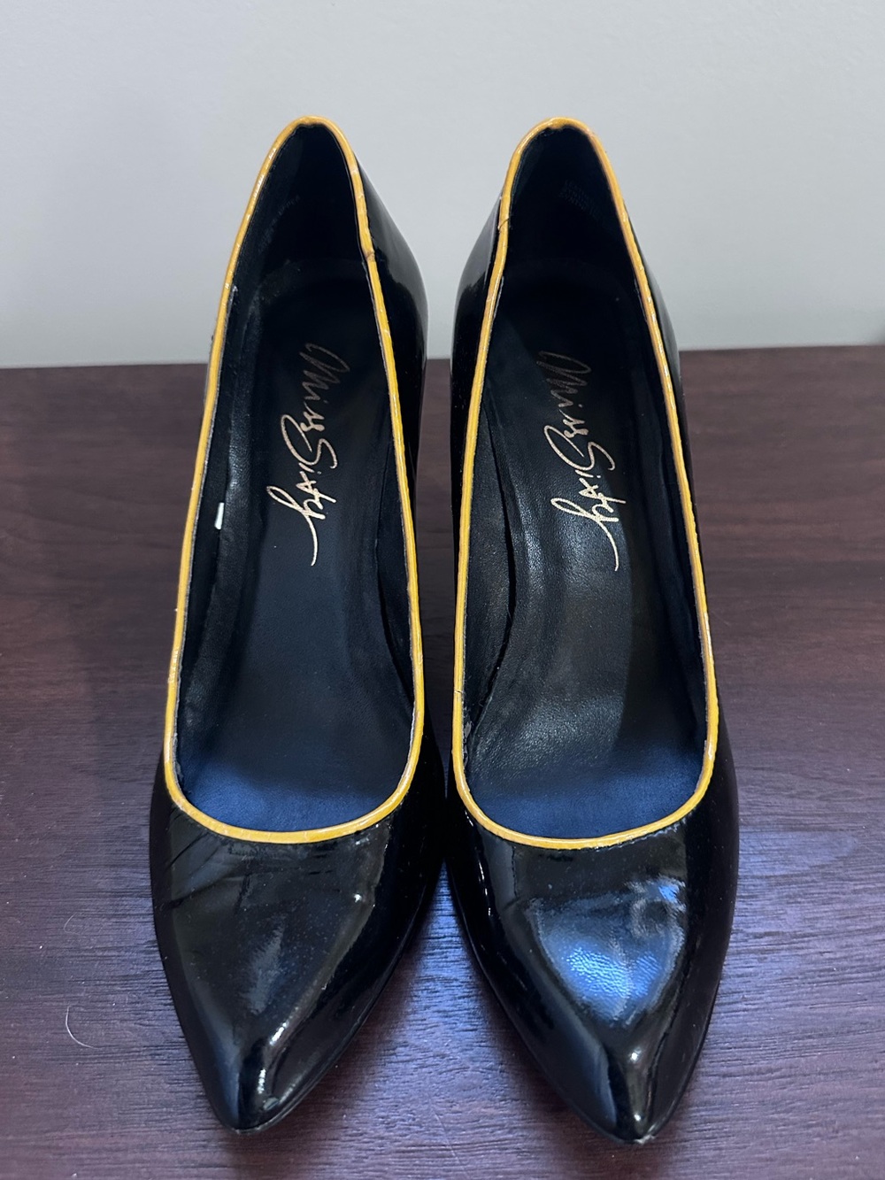 Miss Sixty Black Patent Pumps with Yellow Piping 4”